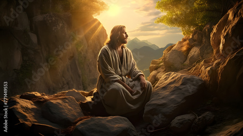 A tranquil, biblical figure in robes sits meditating on sunlit rocks, with a backdrop of majestic mountains and a warm sunrise or sunset. Serene biblical figure meditating on rocks