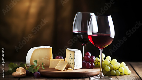 Wine and cheese platter on rustic backdrop. An elegant display of wine glasses with red wine, accompanied by various gourmet cheeses and fresh grapes placed on a wooden board with a rustic background photo