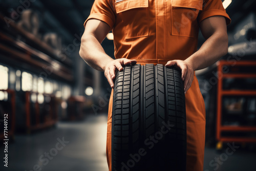 A mechanic in an orange uniform holds a new car tire in a workshop.