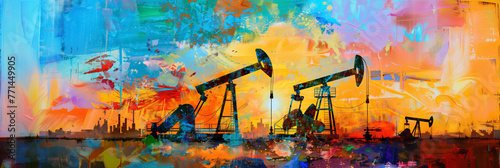 A vivid abstract representation of oil pumps and industrial landscape against a fiery sunset, blending technology and art.