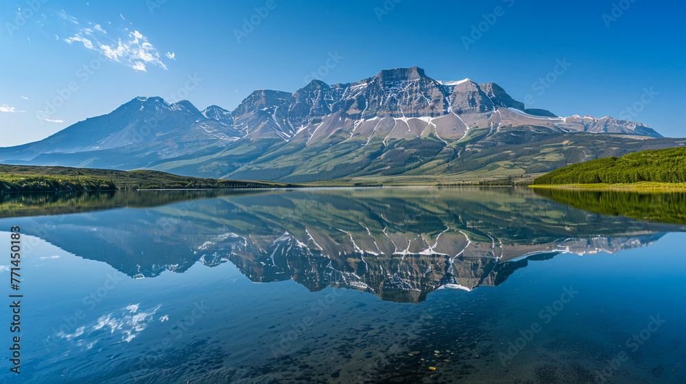 Majestic mountain range meets reflective blue water, AI Generative.