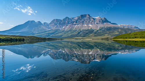 Majestic mountain range meets reflective blue water, AI Generative.