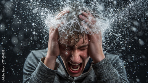 A dramatic moment as a man screams while water bursts explosively around his head, symbolizing shock or surprise.