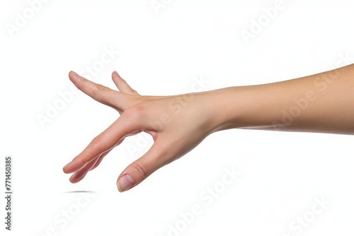 Woman hand is holding invisible item isolated on white background, with clipping path. Full Depth of field. PNG, Generative AI 