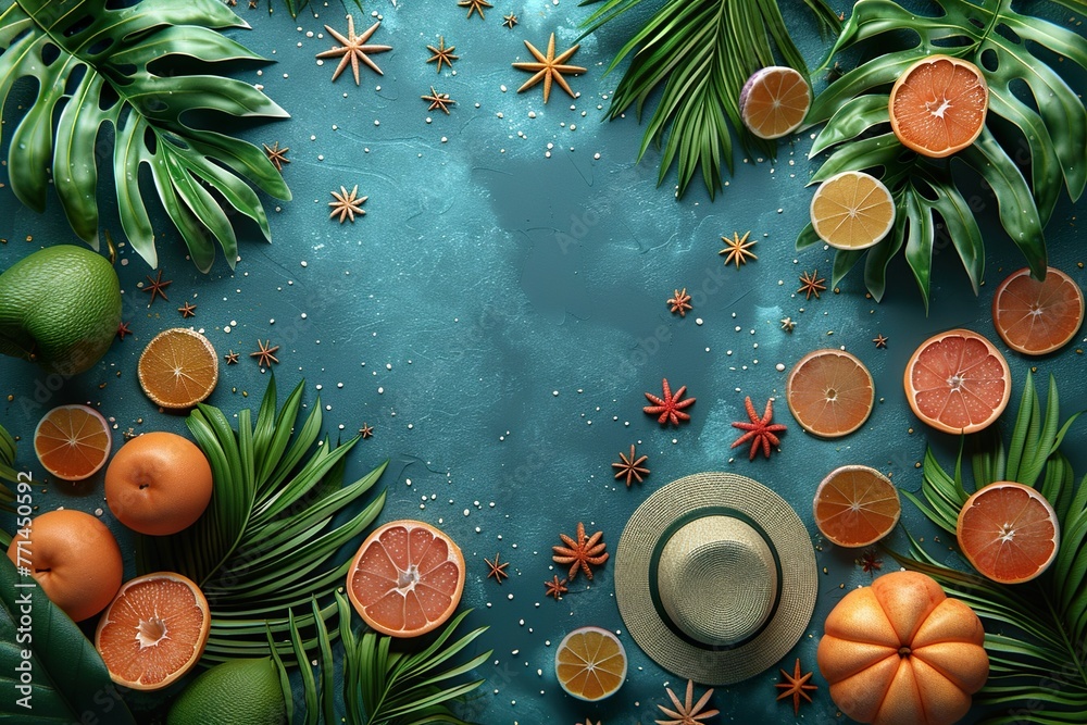 Summer composition. Tropical palm leaves, hat, fruits on blue background. Summer concept. 