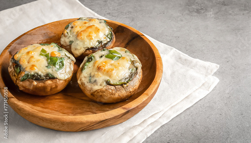 stuffed mushroom. top view shot of melted Cheese and spinach stuffed Portobello mushrooms on concrete table, copy space