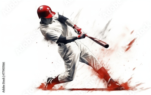 Wide angle view of a baseball player hitting a ball. high energy. illustration. White background