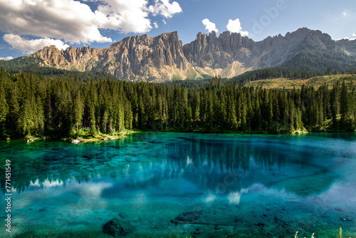 Carezza Lake. Beautifull blue lake in the Dolomites of Trentino Alto Adige, Nova Levante. Paradise landscape at Karersee with mountain Latemar. Italy.