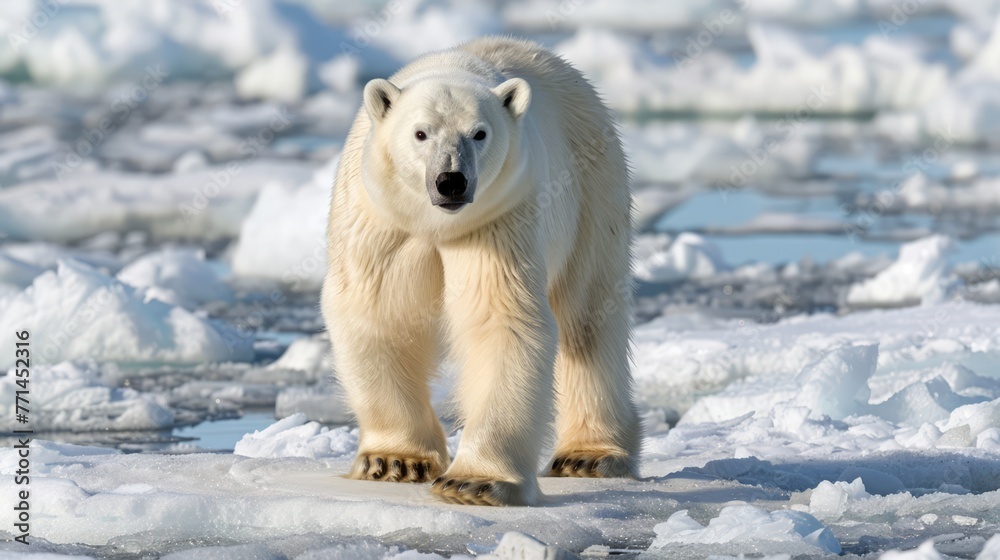 A curious young male polar bear (Ursus maritimus) standing up on the sea ice 