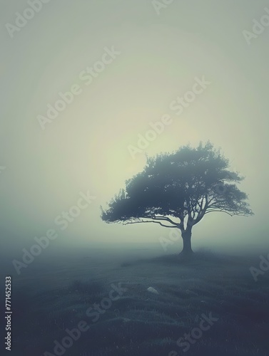 Solitary tree standing in a foggy moody landscape creating an atmospheric mysterious and contemplative scene