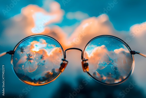 Surreal Eyeglasses Reflecting Dreamy Cloudscape and Celestial Atmosphere