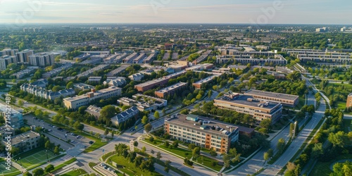 An aerial view of an office park filled with low-rise buildings and green space. 