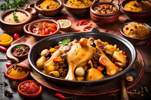 Traditional moroccan tajine of chicken with dried fruits and spices 