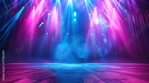 Theatrical Stage with Vibrant Lights - A captivating display of vibrant lights and laser beams dancing in harmony on a theatrical stage  infusing the scene with an otherworldly all