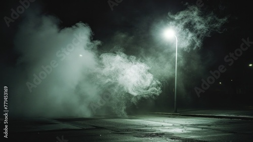 Mysterious dark street with wisps of smoke for product showcases.