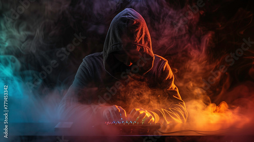 A man in a hoodie is typing on a keyboard in front of a smokey background