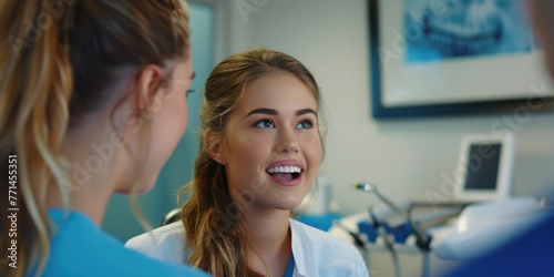A dental assistant explaining orthodontic treatment options to a patient. 