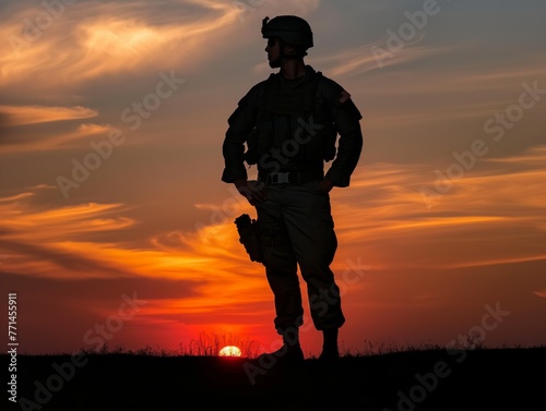 A man in a military uniform stands in the grass at sunset. The sky is filled with clouds and the sun is setting