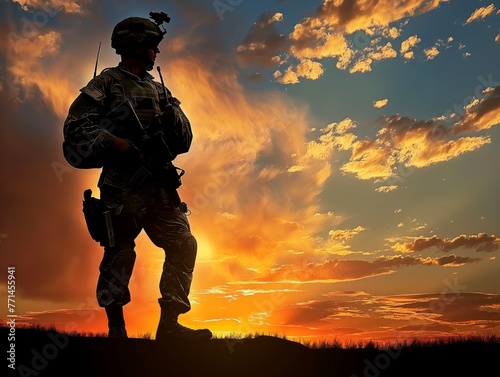 A soldier stands in the grass at sunset. The sky is filled with clouds and the sun is setting