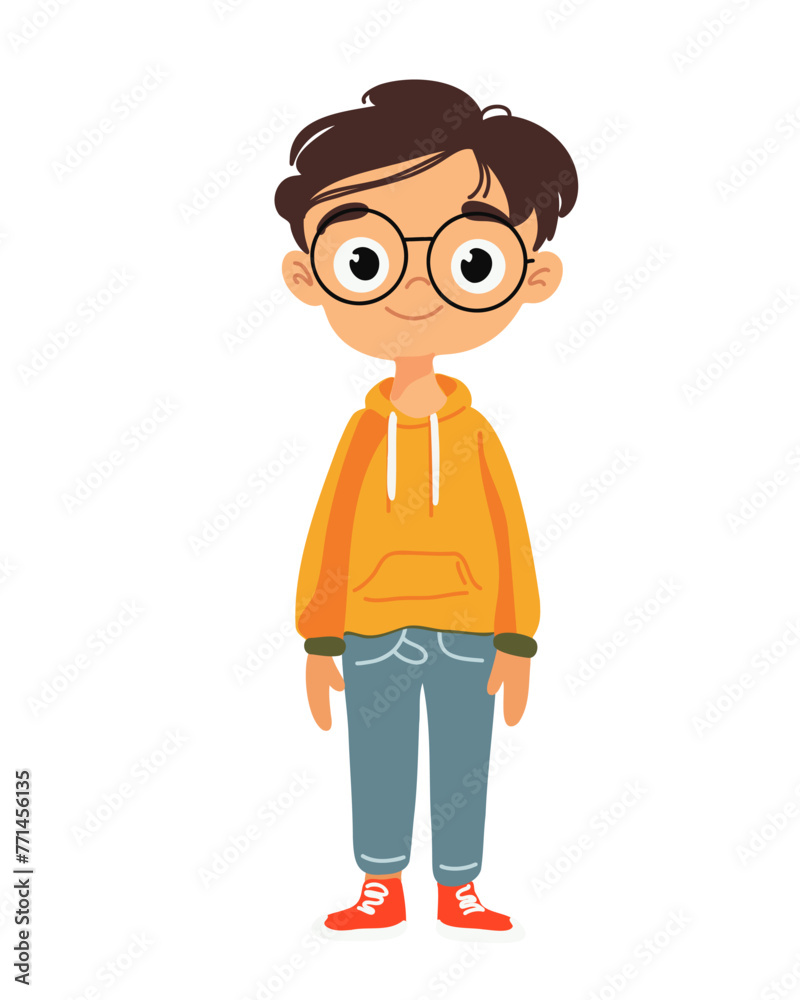 Happy boy in round glasses and tracksuit, vector illustration.