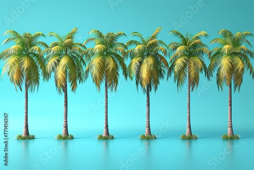 Tall royal palm trees line up against bright blue tropical sky 