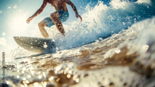 Dynamic perspective of a surfer riding a wave, with a close-up on the surfboard and water droplets, highlighting the action and sunlight. photo