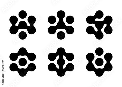 Hexagon shaped morphing circles as molecule connection dot pattern. Liquid blob technology icon. Metaball spotted tech abstract vector. Chemistry nanotechnology icon set.