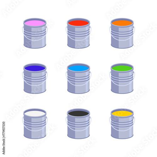 Illustration of paint cans of different colors in a simple style. Paint buckets in a simple minimalistic look.