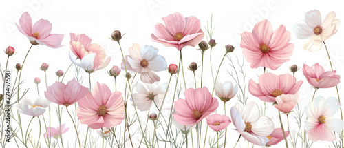 An expansive field of soft pink and white cosmos flowers under a clear sky, conveying tranquility.