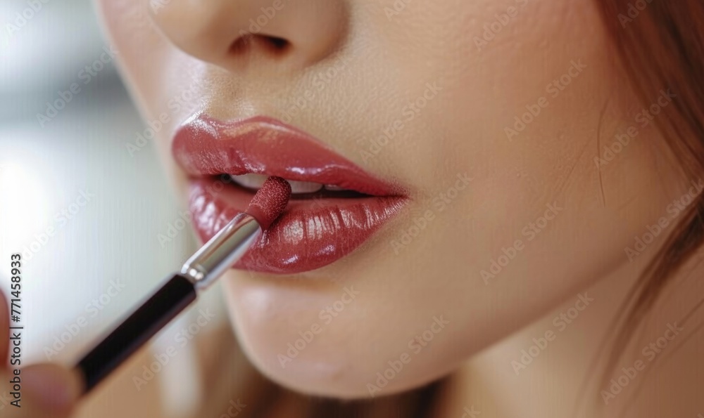 Make up artist applying lipstick, close-up of the lips of a young woman in beauty saloon. Vertical video, Generative AI 