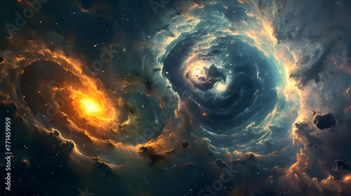  A cosmic abstract background with swirling galaxies and nebulae, a glowing blue spiral galaxy in the center surrounded by orange swirls of light and dark clouds, in the style of fantasy art