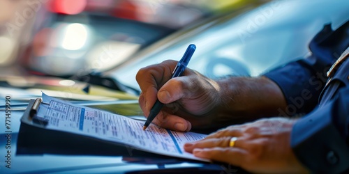 A police officer writing a traffic ticket for a speeding violation. photo