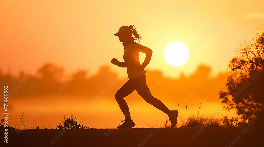 silhouette of a person running on the sunset.