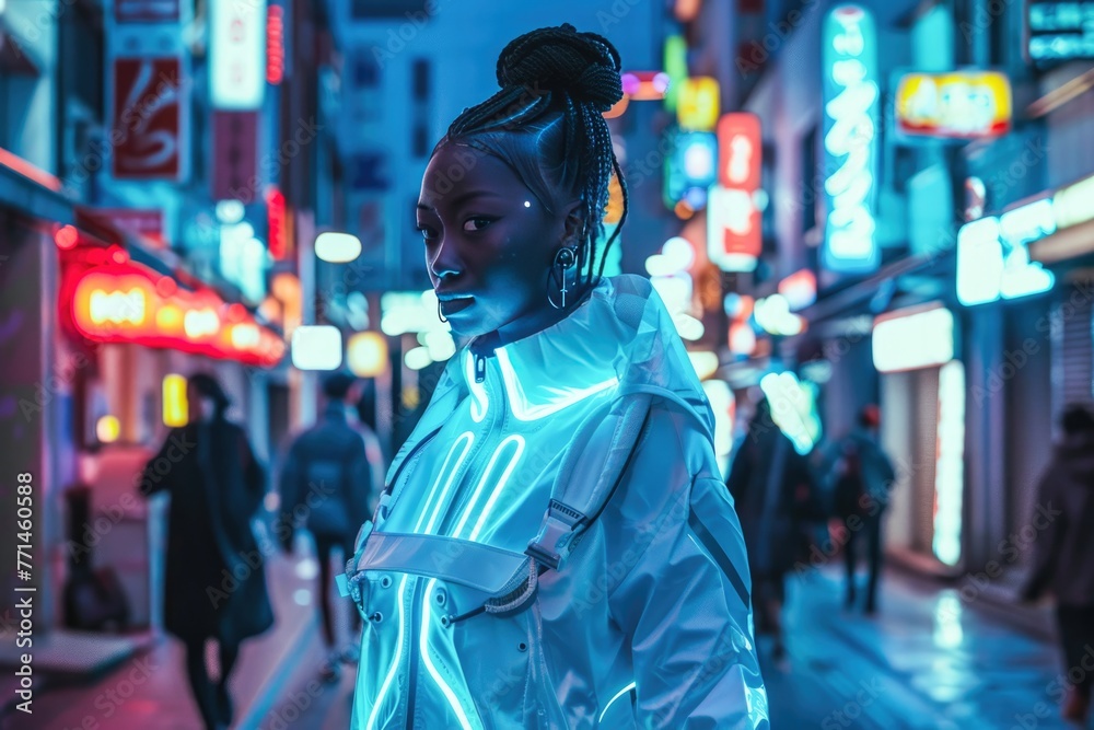 Obraz premium A model in an urban setting, clad in futuristic apparel, Generative Ai