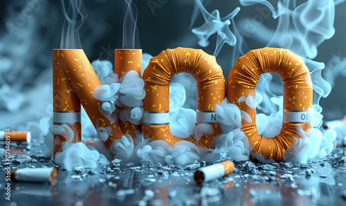 The word "NO" made of cigarettes, smoke rising from the letters created with ai.