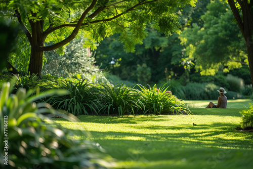 A serene image of a gardener in a lush park, focusing on plant growth and nurturing, ideal for themes of environmental stewardship.
