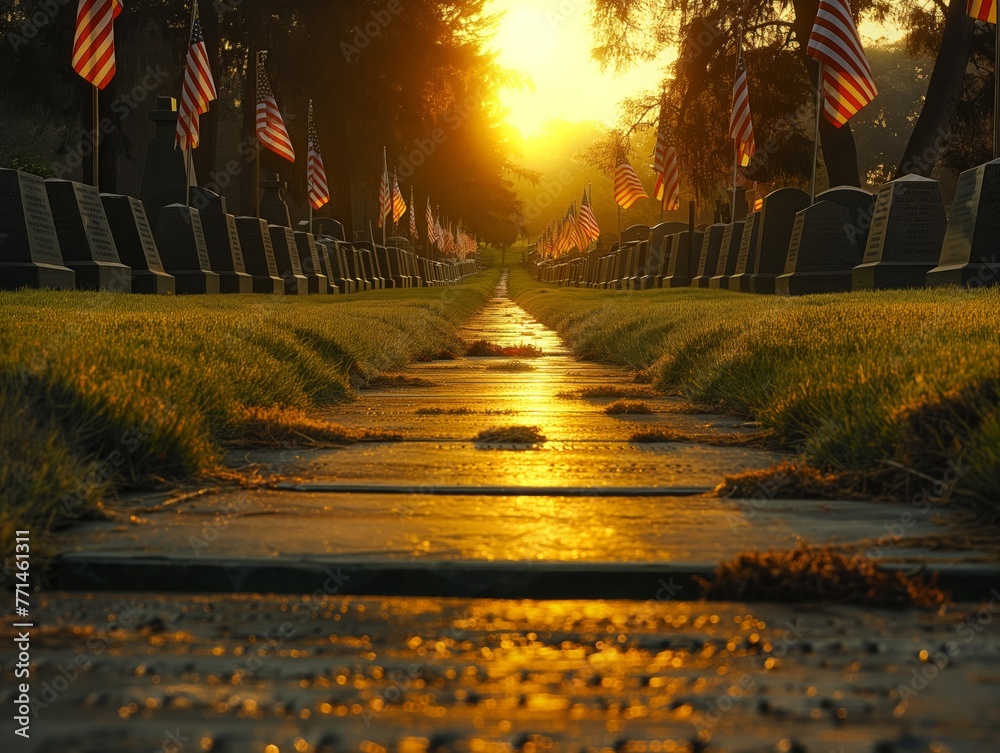 A row of American cemeteries with flags flying in the background. The sun is setting, casting a warm glow over the scene A row of American cemeteries with flags flying in the background. The sun is setting, casting a warm glow over the scene