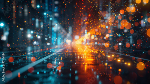 Vibrant abstract bokeh lights shimmering on a wet street surface, resembling a rainy night in the city.