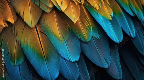 Close-up photograph of parrot's feathers. Feathers gradient of yellow to blue-green, have very detailed, intricate pattern. © Tamazina