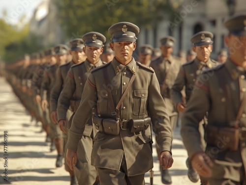A group of soldiers march down a street in uniform. The soldiers are all wearing the same type of uniform and are lined up in a row. Scene is serious and disciplined photo