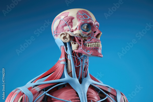Anatomical model of skull with musculature and vessels. photo