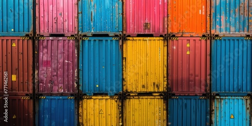 A close-up shot of colorful shipping containers stacked at the port. 