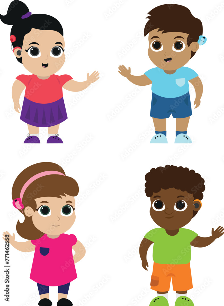 Kid characters with hearing aid devices. Kid characters with hearing aid devices.