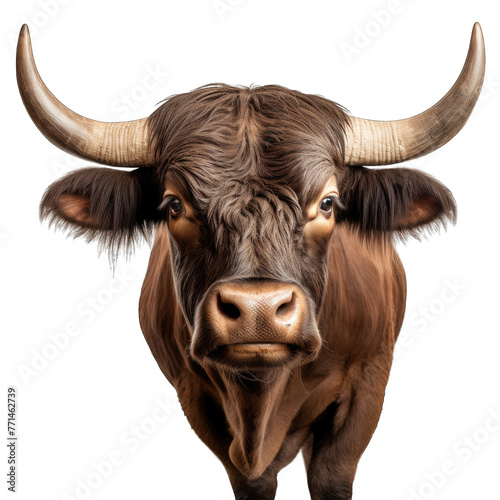 Strongest dark brown bull with muscles and long horns portrait looking at camera