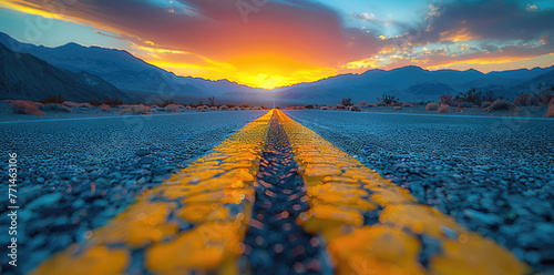 photograph of yellow road lines leading to the horizon, mountains in the background, sunset, cinematic. with mountains in the background created with ai.