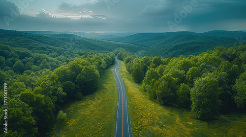 l view of the blue ridge mountains in West Virginia with green trees and a road running through it. The sky is overcast, creating an atmosphere of tranquility and beauty created with ai.