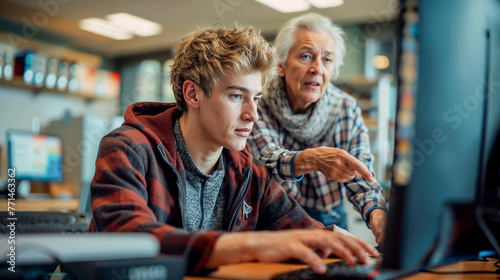 un adolescent aide sa grand mère à utiliser un ordinateur ou à remplir des documents importants en ligne