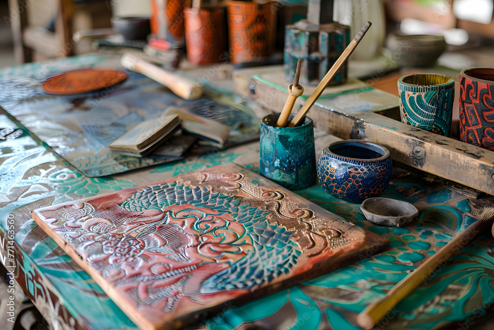 a tropical batik workshop, where artisans use wax and dye to create intricate patterns on fabric, their colorful designs and meticulous craftsmanship a reflection of the vibrant culture and artistic t a tropical batik workshop, where artisans use wax and dye to create intricate patterns on fabric, their colorful designs and meticulous craftsmanship a reflection of the vibrant culture and artistic t