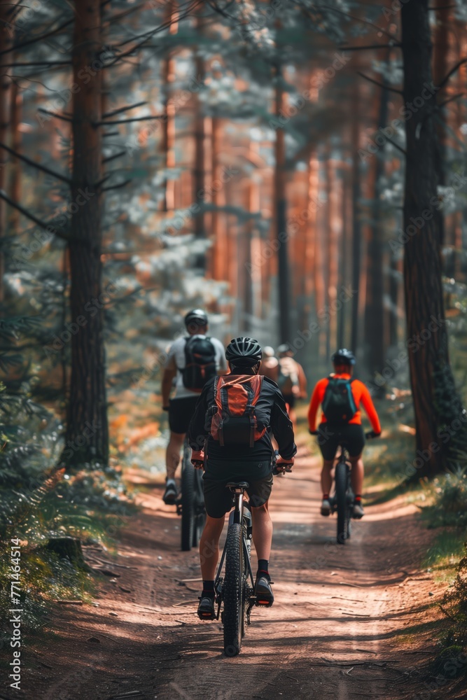 Naklejka premium Sunlit Forest Trail Mountain Bike Ride
