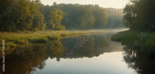 Misty Morning on a Tranquil River with Reflections